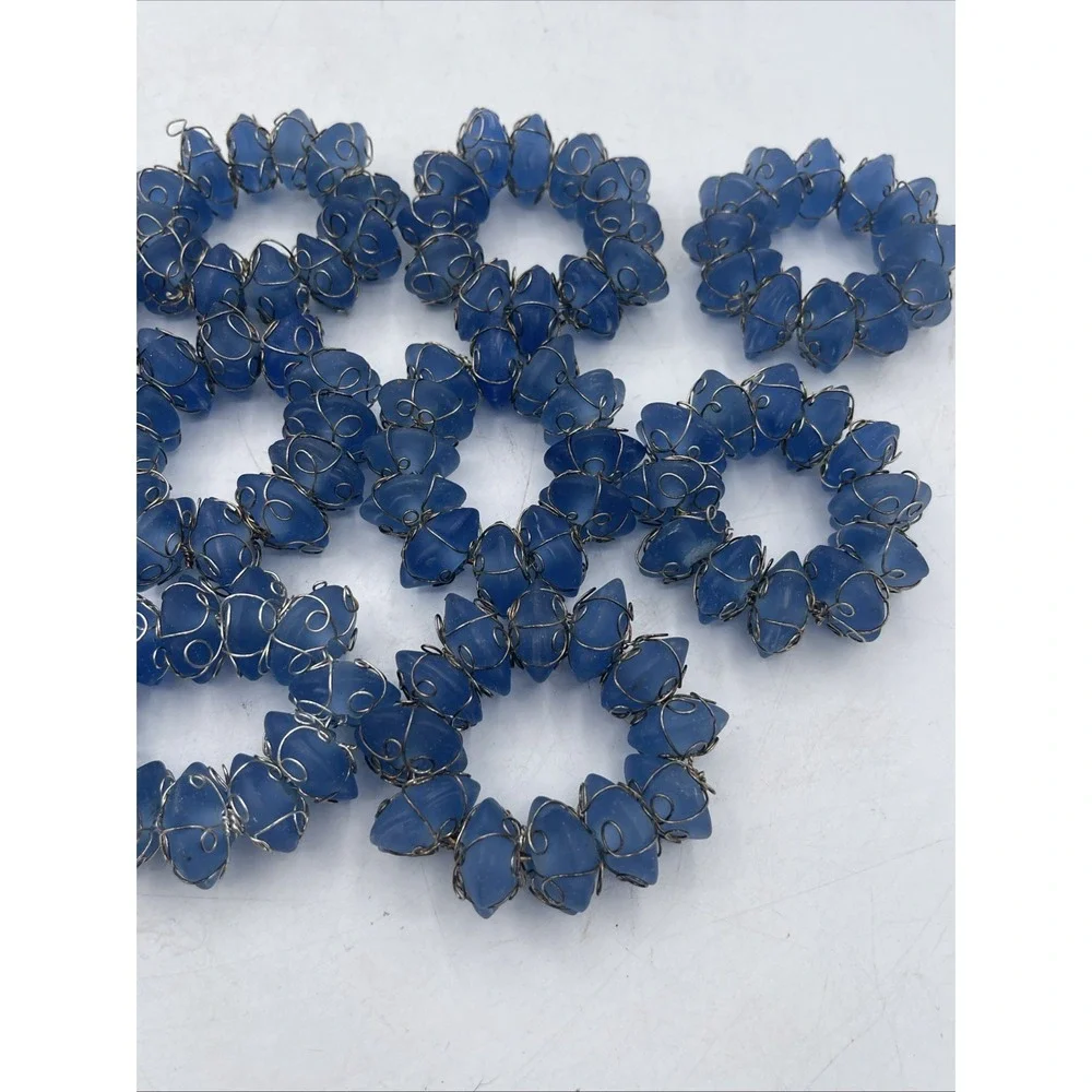 VTG Blue Beaded Stone and Wired Napkin Rings Set Of 10 Coastal Boho Abstract